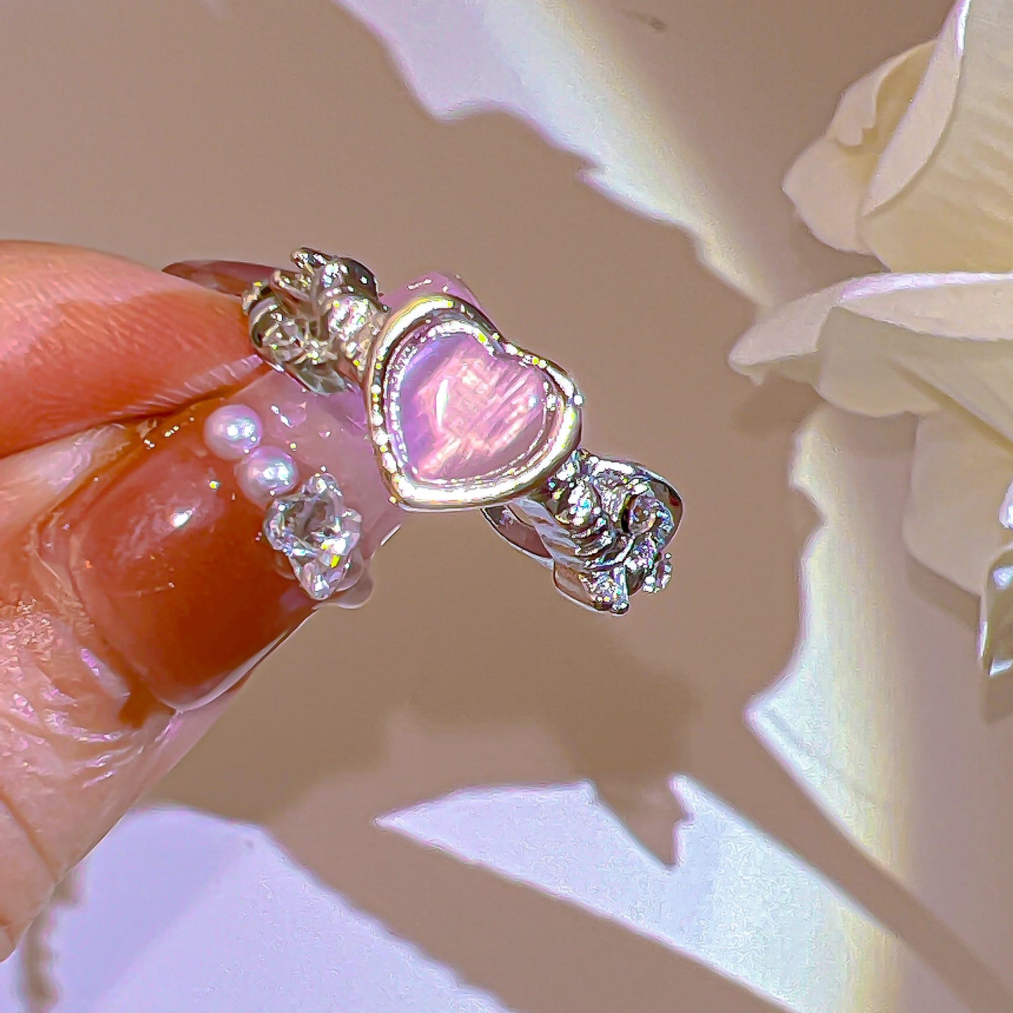 Y2K Pink Crystal Rings for Women - Heart Bowknot & Butterfly Design