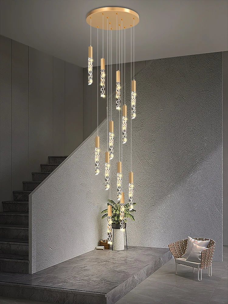 Crystal Staircase Pendant Lamp Modern Gold Lighting Fixture Ceiling Hang Pendant Light Luster Indoor Villa Loft Stair Chandelier