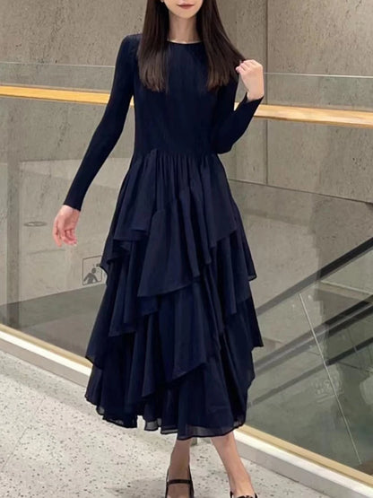 LANMREM Ruffles Pleated Dress Women's Round Neck Long Sleeves Layers Solid Color Stitching Party Clothing New Trendy 2DA2217