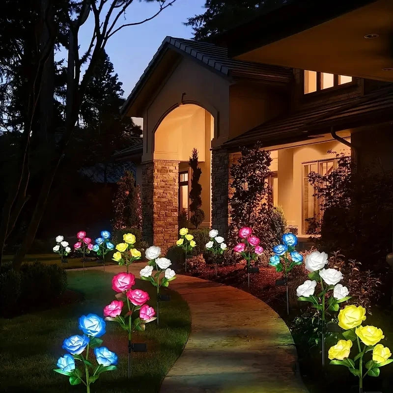 5 Heads LED Solar Rose Lights Simulated Rose Flower Lamp Landscape Garden Lighting Home Christmas Halloween  Decoration