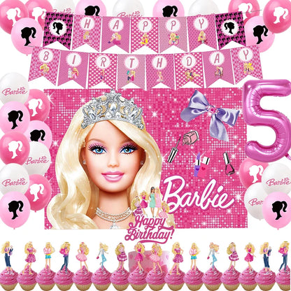 Pink Girl Barbiee Birthday Decoration  Party Supplies Balloon Banner Backdrop Tableware Cake Topper Baby Shower