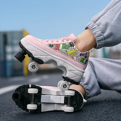 Deformation Roller Skates Shoes Double Row 4-Wheel Skates Roller Shoes with Wheels Dual-Purpose Roller Sneakers Skateboard Shoes