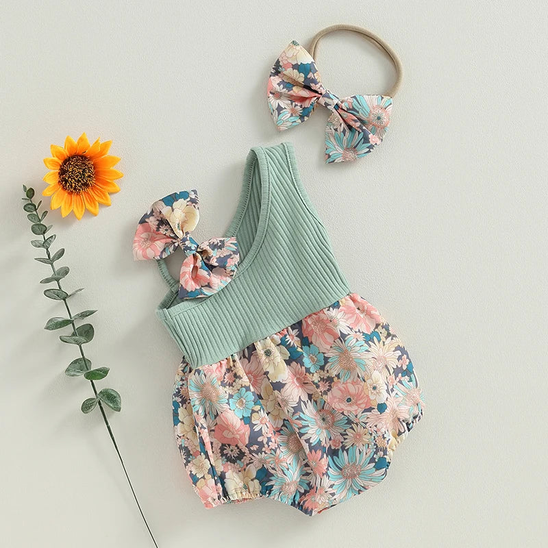 pudcoco Infant Newborn Baby Girl Two Piece Outfits Summer Floral One Shoulder Romper and Stretch Headband Cute Clothes.