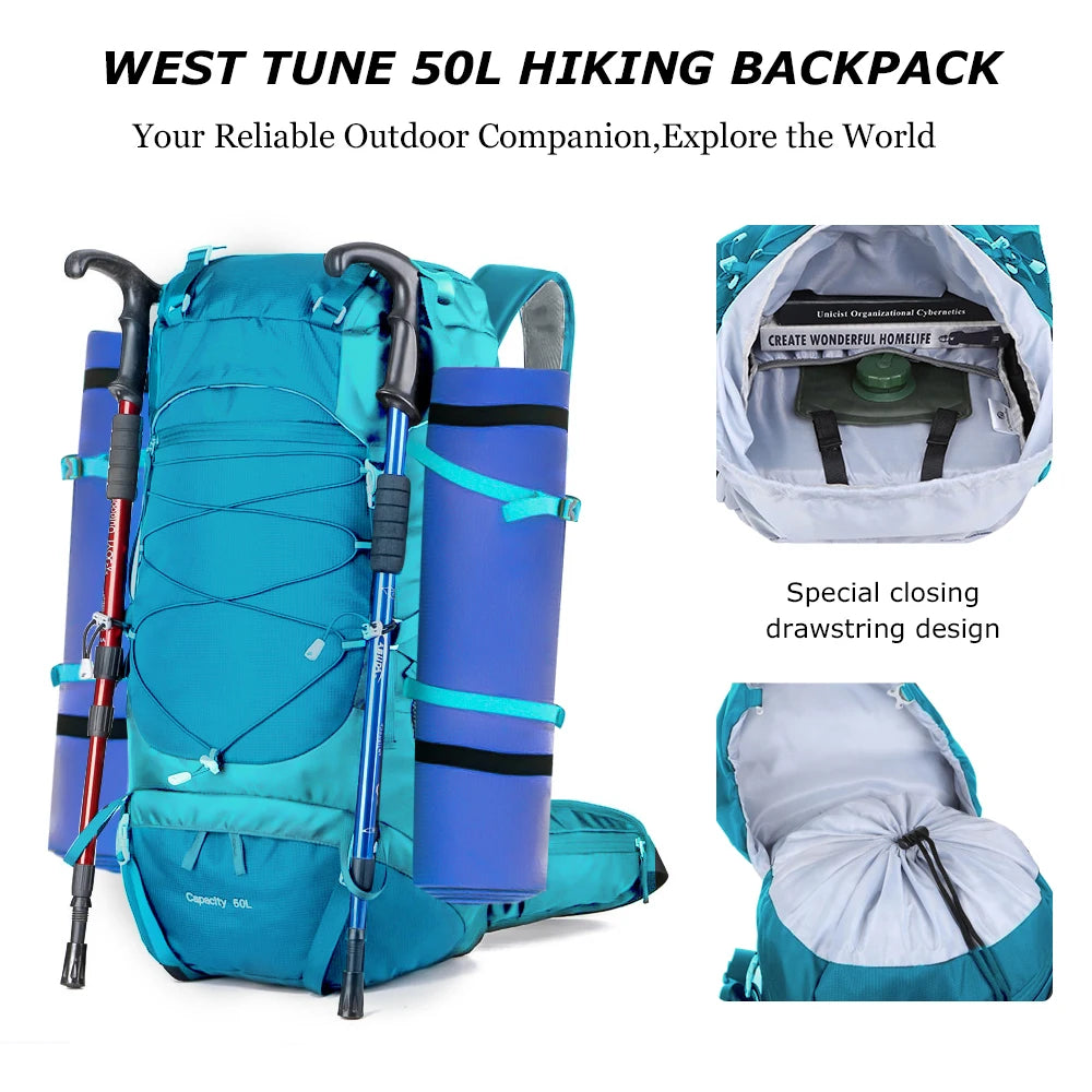 WESTTUNE 50L Hiking Backpack with Rain Cover Multifunctional Mountaineering Bag Outdoor Rucksack for Travel Trekking Camping