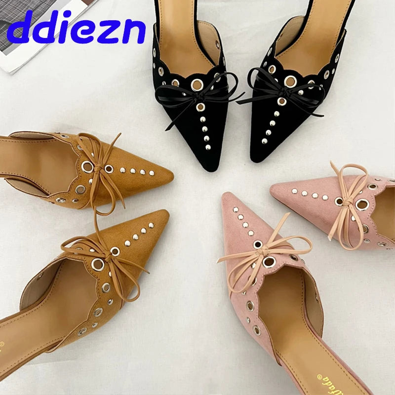 Thin Heels Slippers Ladies Shoes Fashion Butterfly-Knot Rivet Female Slides Slippers Heels Women Footwear Mules Pumps Shoes