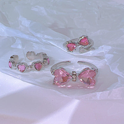 Y2K Pink Crystal Rings for Women - Heart Bowknot & Butterfly Design