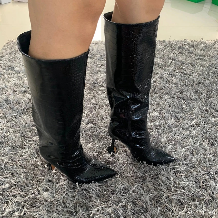 NEW Winter Women Knee High Boots Sexy Women Pointed Toe Ladies Thin High heels Female Shoes Woman Footwear Plus Size 35-42