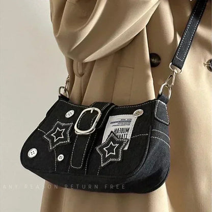 Y2k Fashion Women's Handbags Stars Pattern Cool Girls Underarm Bag Fashion Canvas Female Small Shoulder Bags Chain Tote Purses