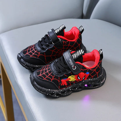 Spring Autumn Boys Spiderman Mesh Breathable Sport Shoes Disney LED Children's Sneakers Kids Casual Shoes Light Shoes for 0-6Y