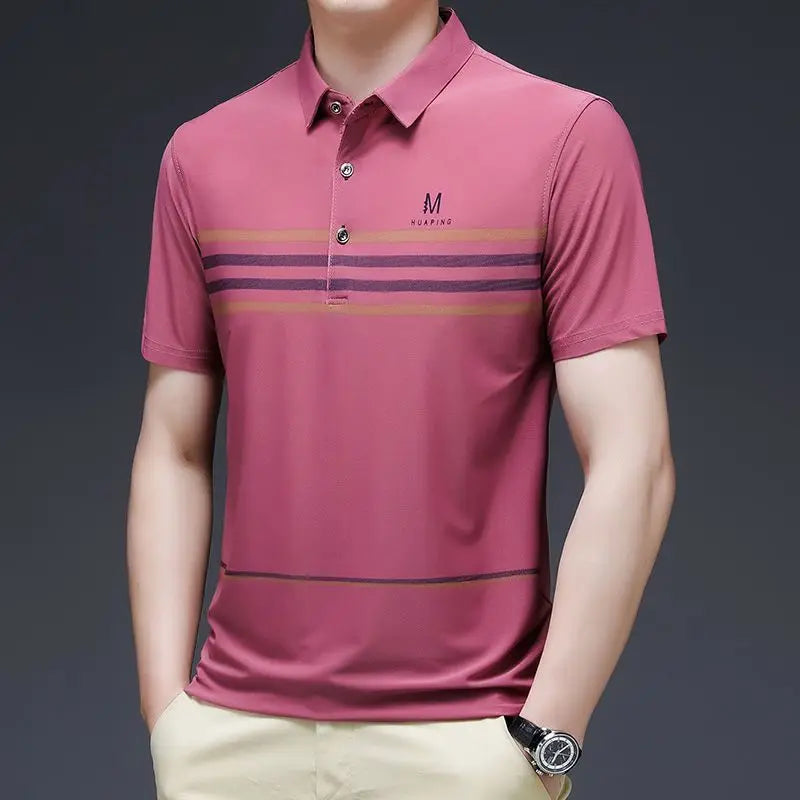 Summer Polo-Neck Slim Short Sleeve Men T Shirt Multicolor Striped Breathable Comfortable Business Basic Polo Men Clothing 2023