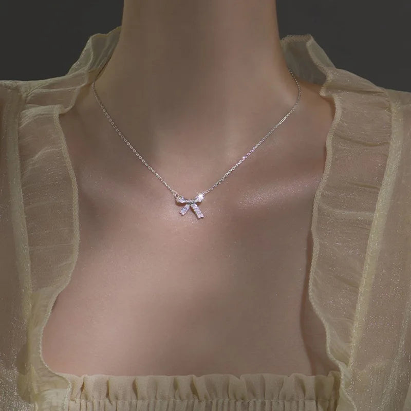 Silver Bow Clavicle Chain Necklace - Acrylic Crystal Pendant