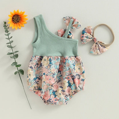 pudcoco Infant Newborn Baby Girl Two Piece Outfits Summer Floral One Shoulder Romper and Stretch Headband Cute Clothes.