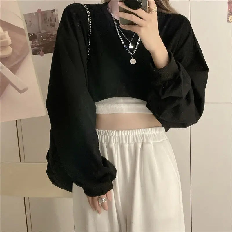 MEXZT Streetwear Women Sexy Solid Cropped Sweatshirts Oversize Loose Harajuku BF Pullovers Spring Korean Chic Casual Y2k Tops