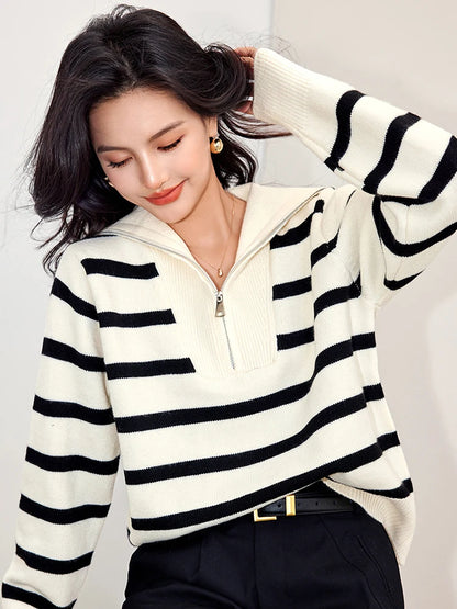 Women's Autumn Winter New Fashion Retro Lapel Half Zipper Contrasting Stripes Sweater Casual Long Sleeved Loose Knitted Coat