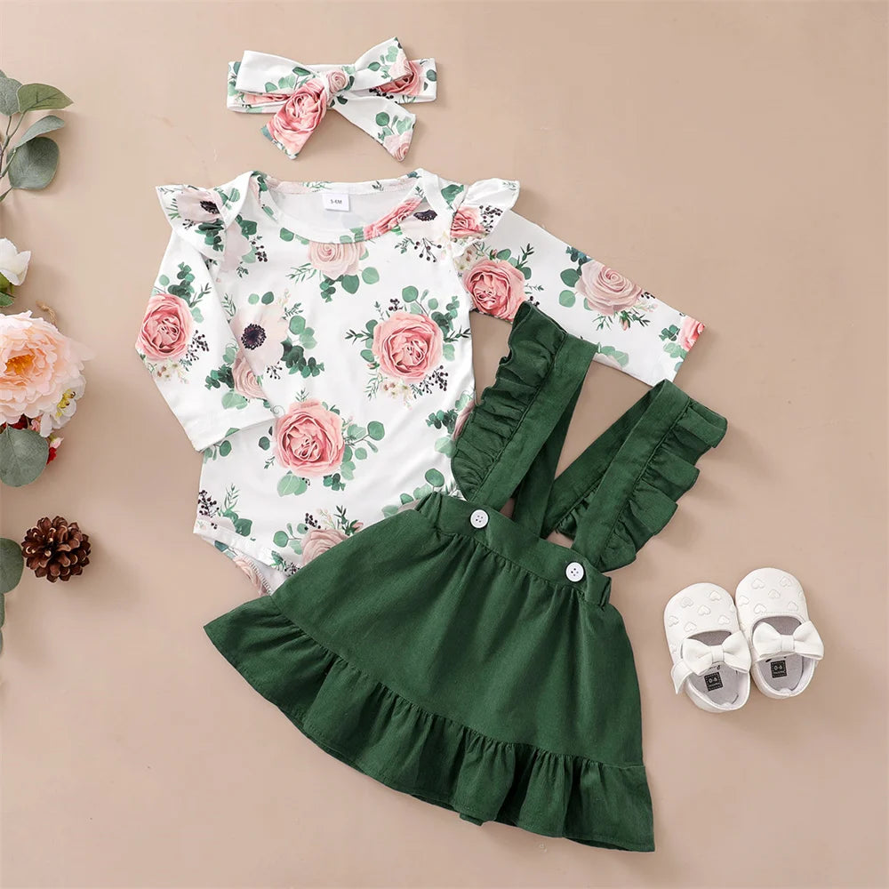 0-12Months Newborn Baby Girl 3PCS Clothes Set Floral Long Sleeve Top+Suspender Skirt+Headwear Fashion Spring&Autumn Daily Outfit.