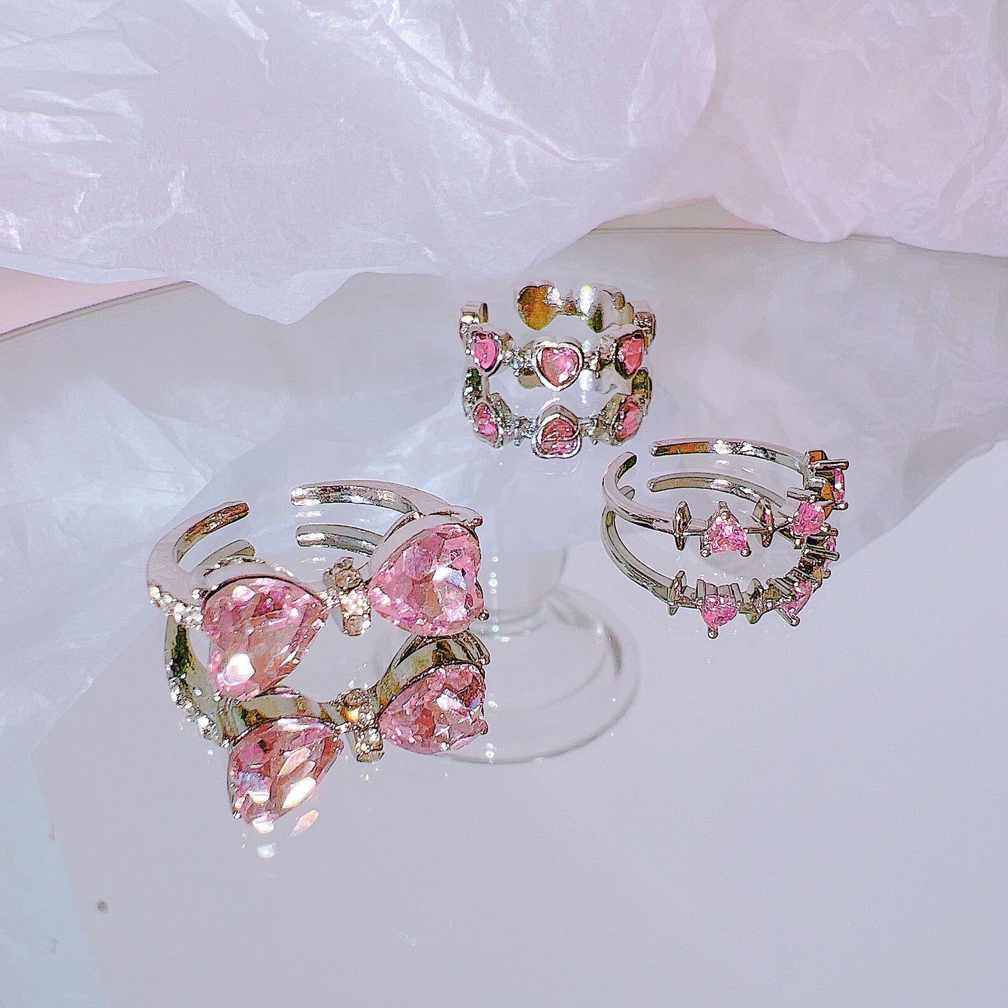 Y2K Pink Crystal Rings for Women - Heart Bowknot & Butterfly Design