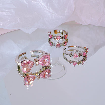 Y2K Pink Crystal Rings for Women - Heart Bowknot & Butterfly Design