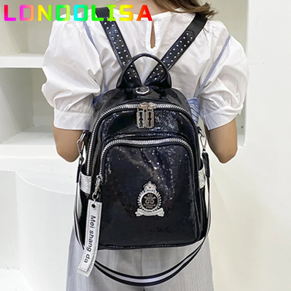 Fashion Sequins Women's Backpack High Quality Bookbag Soft Leather School Bags for Teenagers Girls 3 In 1 Ladies Travel Bagpacks