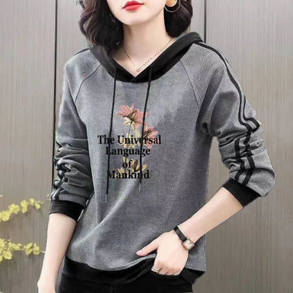 Spring and Autumn Women's Pullover Long Sleeve Hooded Print Stripe Letter Panel Drawstring Graphic Loose Fashion Casual Sweaters