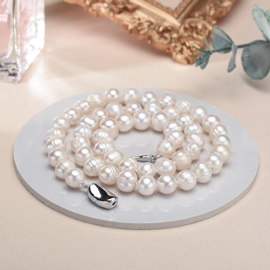 Real White Freshwater Pearl Necklace - 925 Sterling Silver Baroque Design