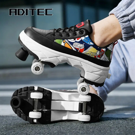 Deformation Roller Skates Shoes Double Row 4-Wheel Skates Roller Shoes with Wheels Dual-Purpose Roller Sneakers Skateboard Shoes