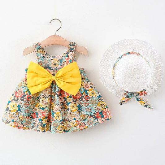 2Piece Sets Summer Toddler Girl Clothes Korean Fashion Flowers Cute Bow Sleeveless Princess Baby Dresses+Sunhat Kids Dress BC136.