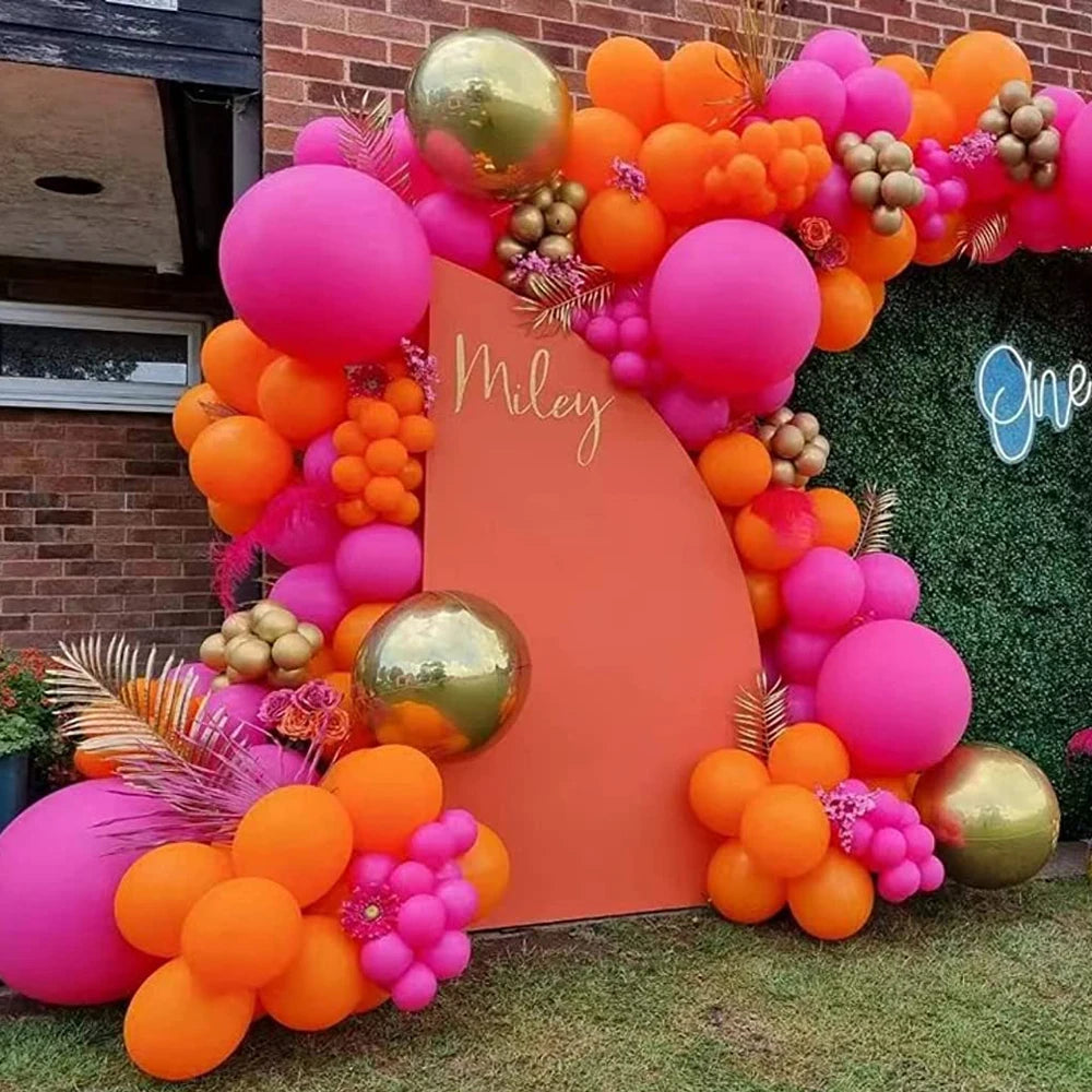 156pcs Hot Pink Orange Metallic Gold Balloon Garland Arch Kit for Summer Wedding Birthday Party Decorations Baby Shower Supplies