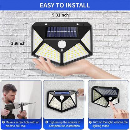 1/2PCS100 LED Solar Wall Lights Outdoor IP65 Waterproof With Motion Sensor 4 Sides Luminous Patio Garage Stairs Security Light