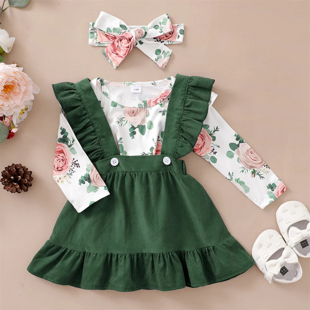 0-12Months Newborn Baby Girl 3PCS Clothes Set Floral Long Sleeve Top+Suspender Skirt+Headwear Fashion Spring&Autumn Daily Outfit.