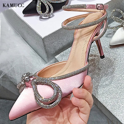 Women High Heel Sandals Rhinestone Woman Pumps Pearl Crystal Bowknot Ankle Strap Ladies Prom Shoes Women Female Footwear