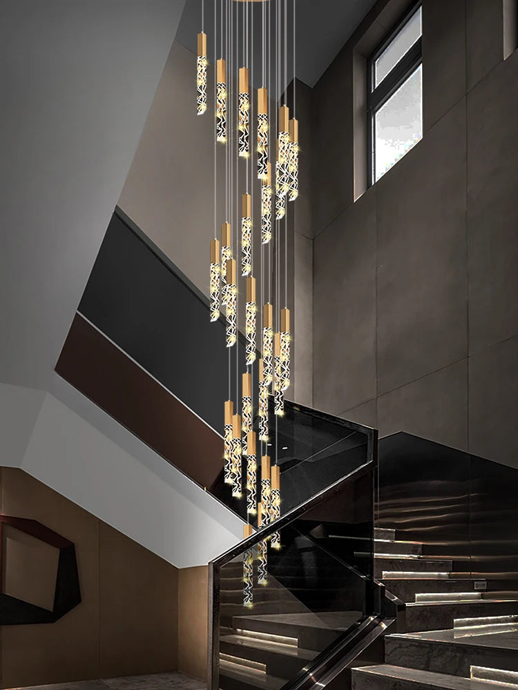 Crystal Staircase Pendant Lamp Modern Gold Lighting Fixture Ceiling Hang Pendant Light Luster Indoor Villa Loft Stair Chandelier