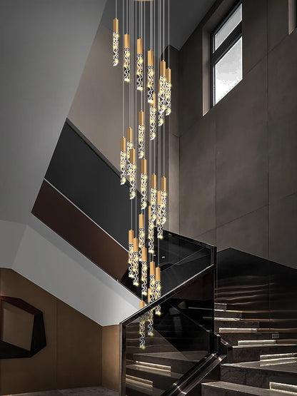 Crystal Staircase Pendant Lamp Modern Gold Lighting Fixture Ceiling Hang Pendant Light Luster Indoor Villa Loft Stair Chandelier