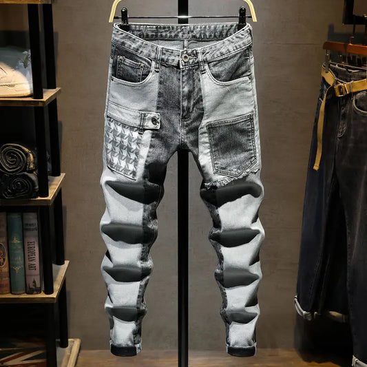 New Spring Autumn Korean Style Cargo Kpop Designer Streetwear 90s Slim Cowboy Grey Stretch Work Wear Splice Long Pants Man