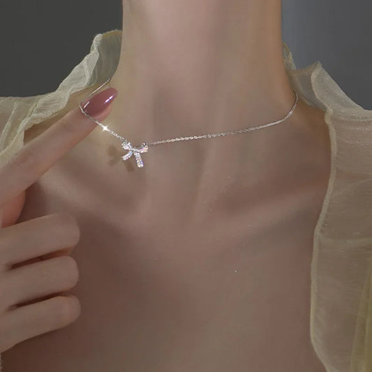 Silver Bow Clavicle Chain Necklace - Acrylic Crystal Pendant