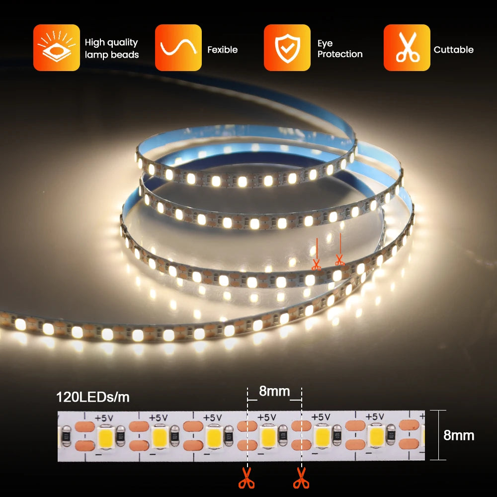 5V 2835 LED Strip Light 3mm 5mm 8mm PCB Width 120Leds/m Flexible LED Tape Ribbon Diode USB/2PIN Wire Led Lights for Room Decor