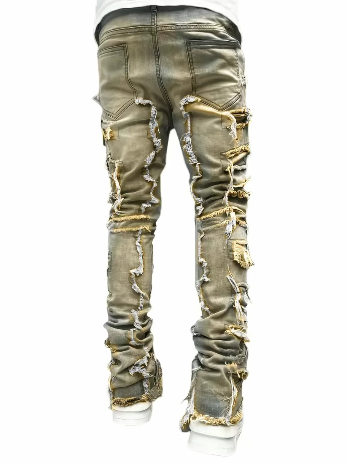 New Premium Vintage Blue Stacked Jeans For Men Stretchy Raw Frayed Denim Destroyed Washed Patchworks Pants