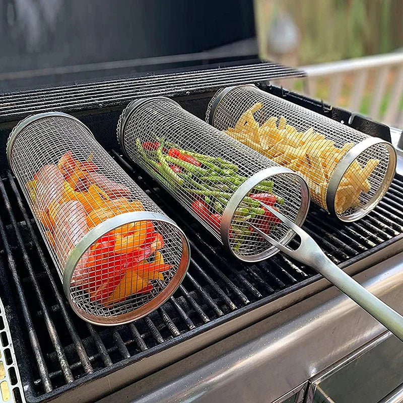 Round BBQ Basket Stainless Steel Rolling Grilling Basket Wire Mesh Cylinder Grill Basket Portable Outdoor Camping Barbecue Rack