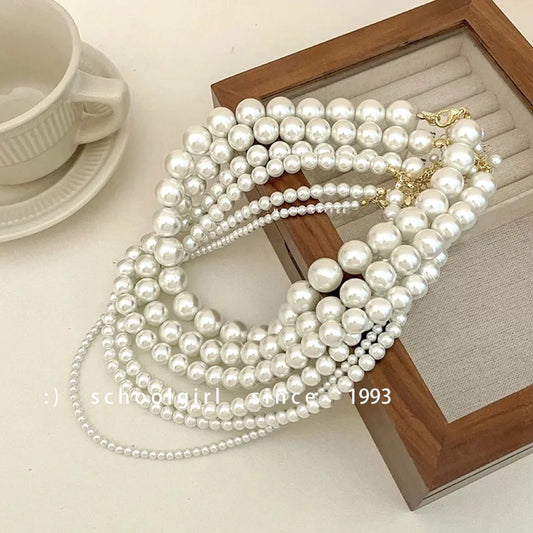 French Vintage Simulated Pearl Beads Heart Pendant Choker Necklace