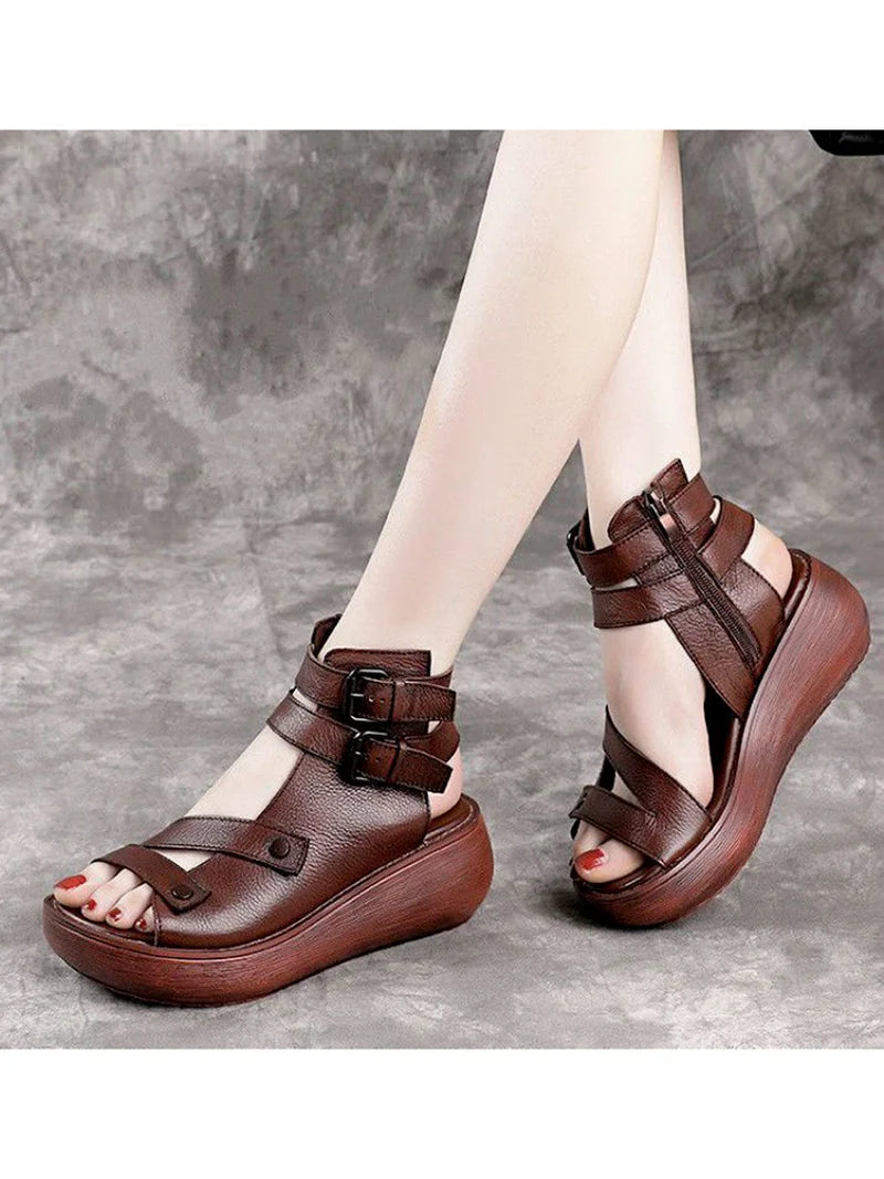 Women Summer Sandals Mid Heels Wedges Shoes Ladies Vintage Leather Plus Size 40 Sandalias Mujer Sapato Feminino Fashion Footwear