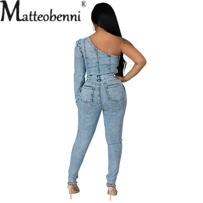 Women's 2023 Autumn Single Sleeved Off Shoulder Slim Fit Jumpsuit Light Blue Jeans Splicing Pocket Casual Denim Clothing Female