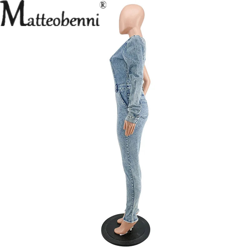 Women's 2023 Autumn Single Sleeved Off Shoulder Slim Fit Jumpsuit Light Blue Jeans Splicing Pocket Casual Denim Clothing Female