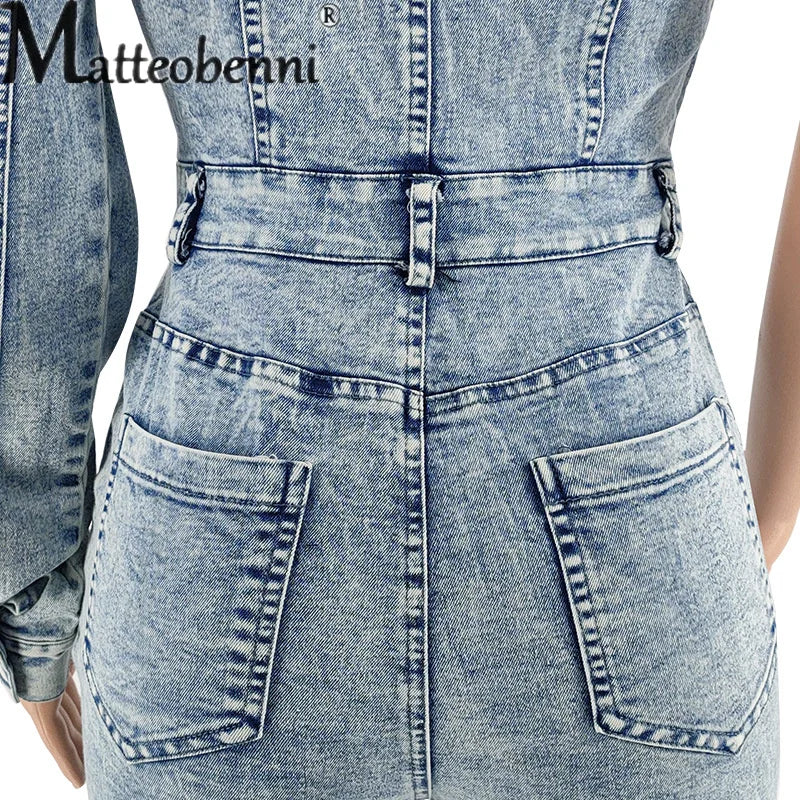 Women's 2023 Autumn Single Sleeved Off Shoulder Slim Fit Jumpsuit Light Blue Jeans Splicing Pocket Casual Denim Clothing Female