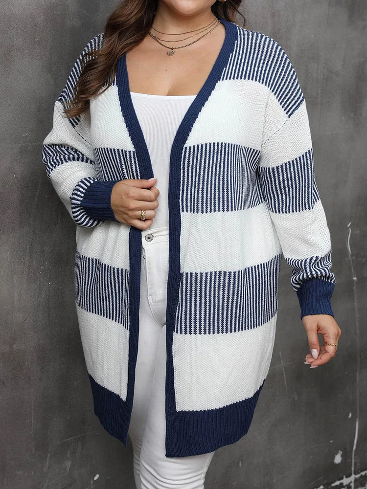 GIBSIE Plus Size Women's Cardigan Contrasting Color Striped Open Front Knitted Sweater Fall Winter Casual Long Cardigan Coat