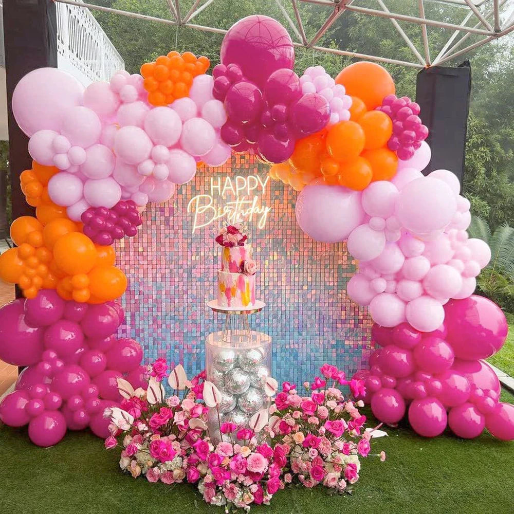 156pcs Hot Pink Orange Metallic Gold Balloon Garland Arch Kit for Summer Wedding Birthday Party Decorations Baby Shower Supplies