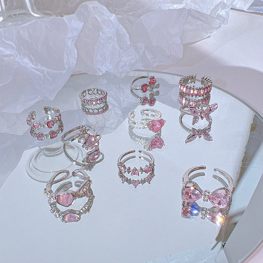 Y2K Pink Crystal Rings for Women - Heart Bowknot & Butterfly Design