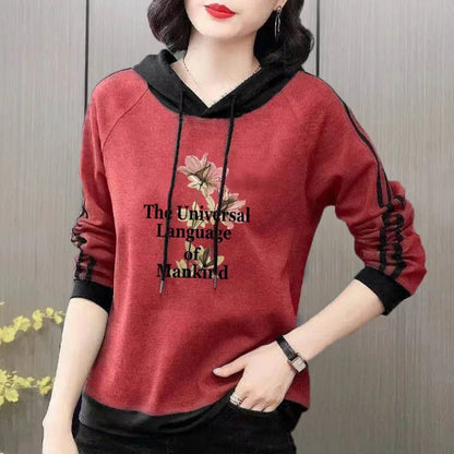 Spring and Autumn Women's Pullover Long Sleeve Hooded Print Stripe Letter Panel Drawstring Graphic Loose Fashion Casual Sweaters