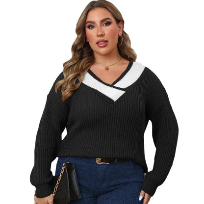 plus size women's clothing contrasting color splicing bottoming shirt large V-neck woven sweater pullover sweater women