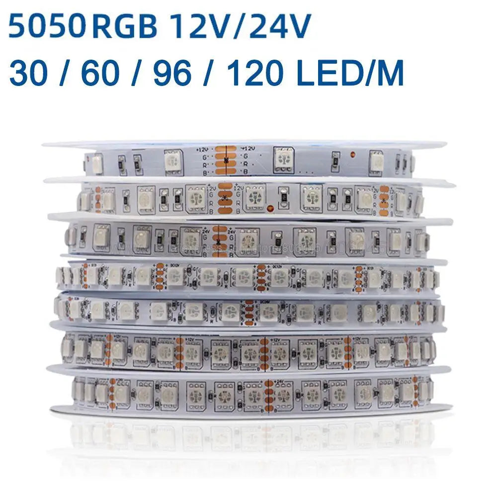 5m 12V 24V DC RGB LED Strip 30LEDs/m 60LEDs/m 96LEDs/m 120LEDs/m SMD 5050 Flexible LED Light Tape 8mm 10mm PCB for Decoration