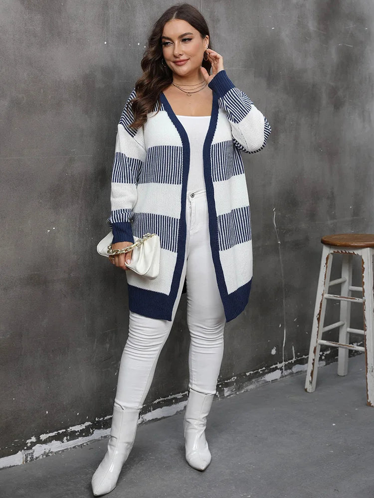 GIBSIE Plus Size Women's Cardigan Contrasting Color Striped Open Front Knitted Sweater Fall Winter Casual Long Cardigan Coat