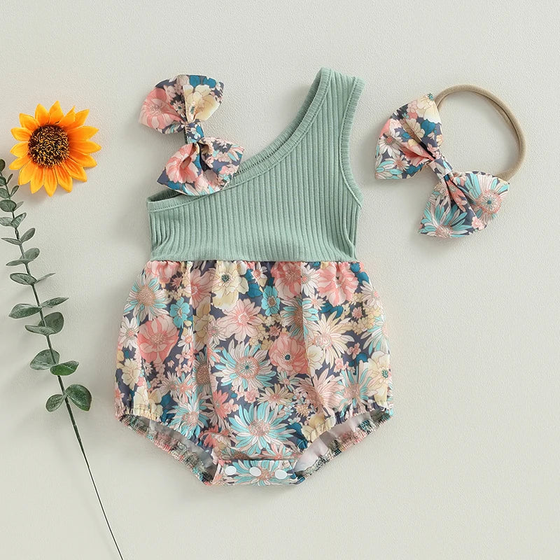 pudcoco Infant Newborn Baby Girl Two Piece Outfits Summer Floral One Shoulder Romper and Stretch Headband Cute Clothes.